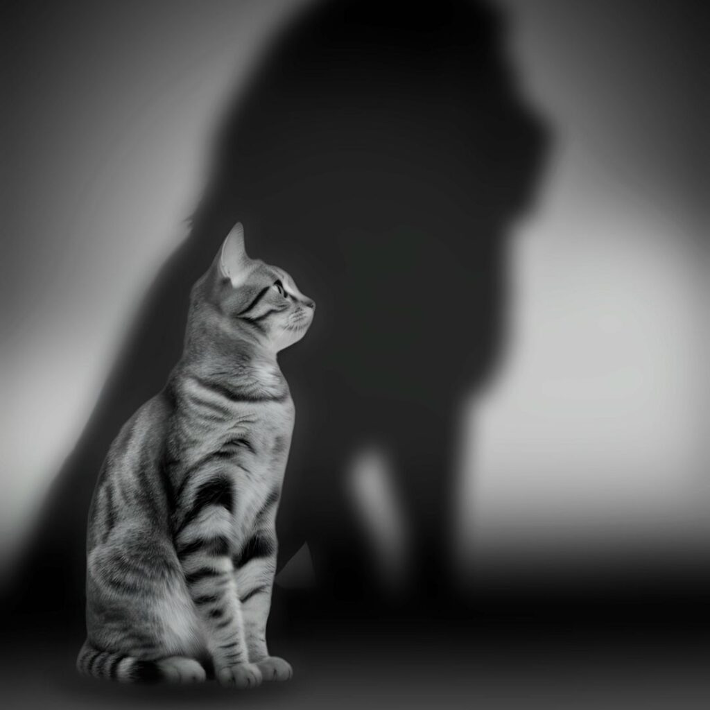 Schwarz-Weiß Bild mit einer gestreiften Katze im Vordergrund, schaut nach Links. Der Schatten der Katze bildet an der Wand einen Umriss eines Löwen.