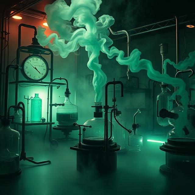 Labor in grünem schimmerneuem Licht, alte Laborvasen, woraus Nebel empor steigt.