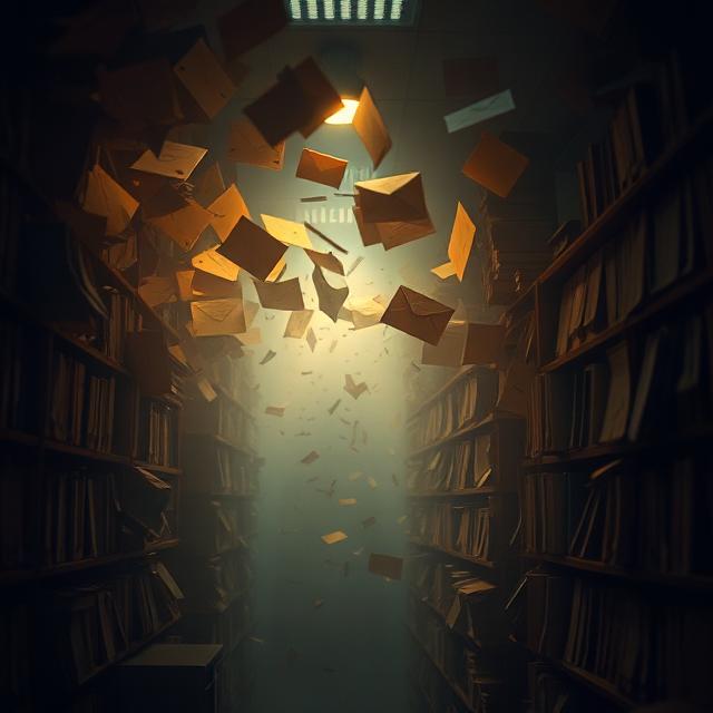 Durcheinander fliegende Briefe in einem Raum mit gedämpften Licht und Zwei Regalen an der Seite voll mit Briefen.